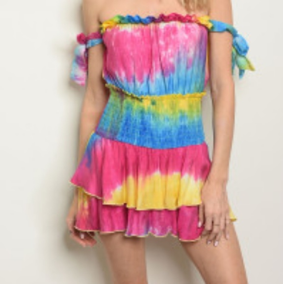 🌅Off The Shoulder Tye Dye Multicolored Romper - Picture 2 of 8
